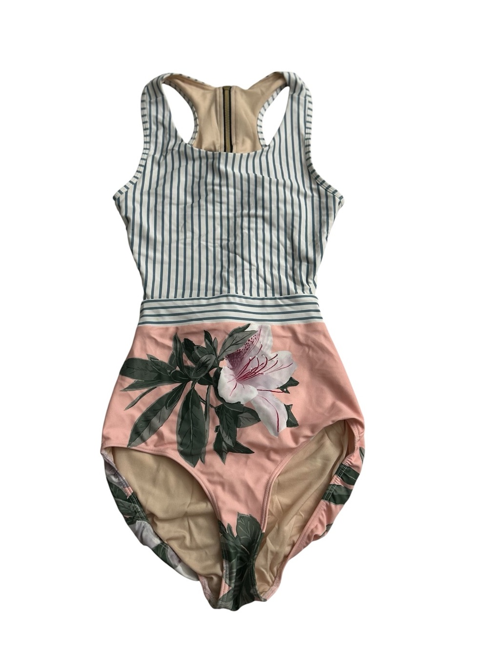Albion Fit Women's  Small One-Piece Swimsuit Floral Stripe Tie-back Racerback